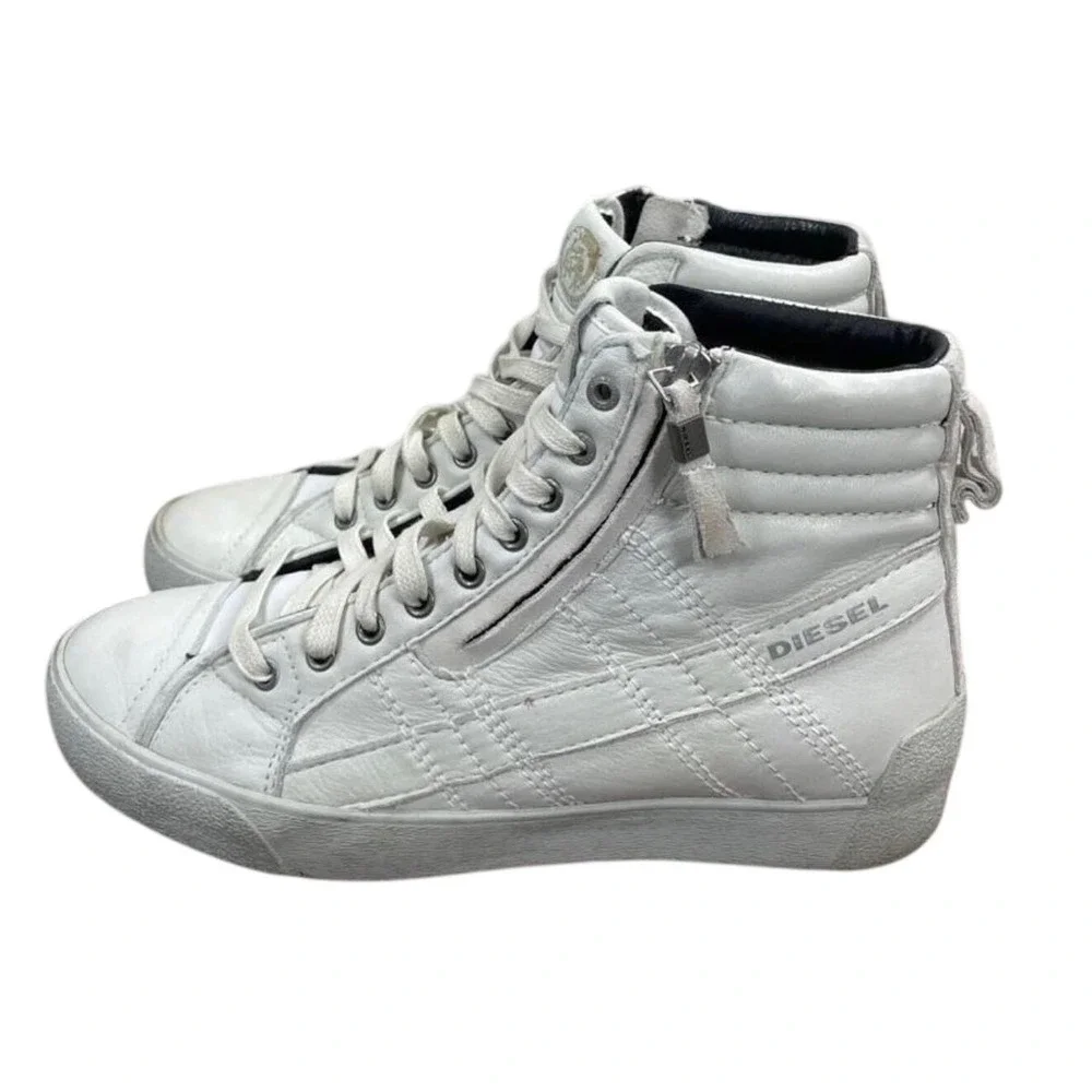 Diesel D-String Plus White Leather High Top Sneakers Mens 8 Y01169 P0878‎ T1003